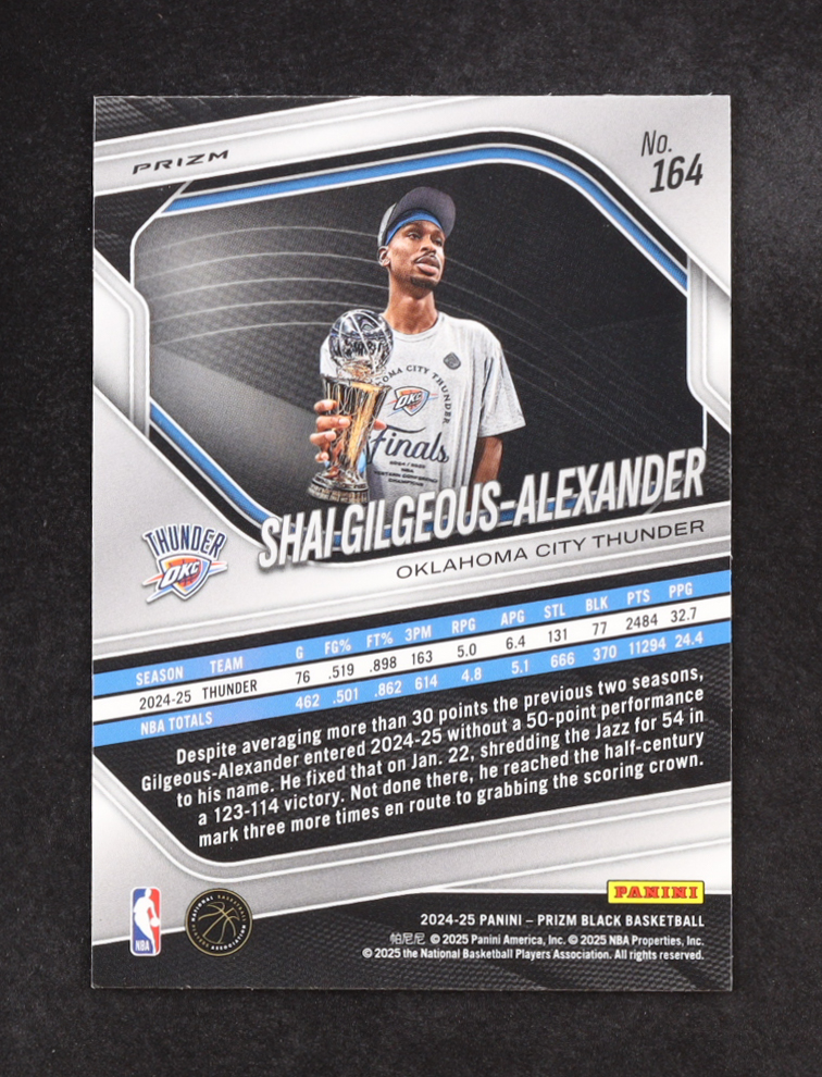 Shai Gilgeous-Alexander 2024-25 Panini Prizm Black Prizms Silver #164 at PristineAuction.com Shai Gilgeous-Alexander 2024-25 Panini Prizm Black Prizms Silver #164 at PristineAuction.com