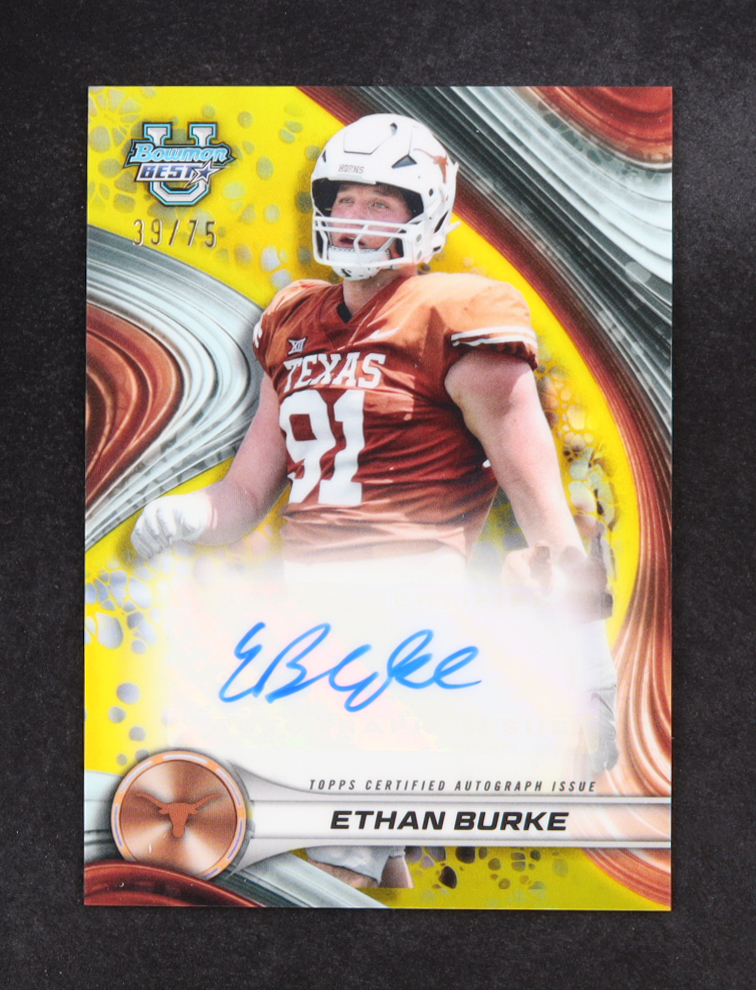 Ethan Burke 2024 Bowman's Best University Best of '24 Autographs Yellow Refractors #BOAEB #39/75 RC at PristineAuction.com Ethan Burke 2024 Bowman's Best University Best of '24 Autographs Yellow Refractors #BOAEB #39/75 RC at PristineAuction.com