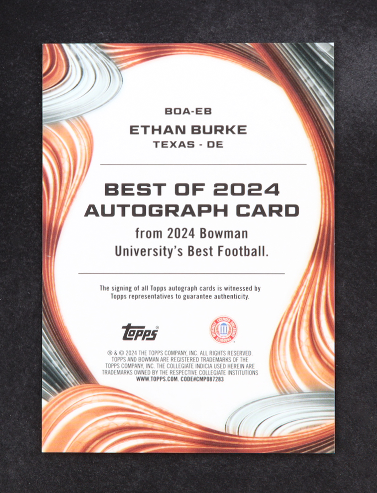 Ethan Burke 2024 Bowman's Best University Best of '24 Autographs Yellow Refractors #BOAEB #39/75 RC at PristineAuction.com Ethan Burke 2024 Bowman's Best University Best of '24 Autographs Yellow Refractors #BOAEB #39/75 RC at PristineAuction.com