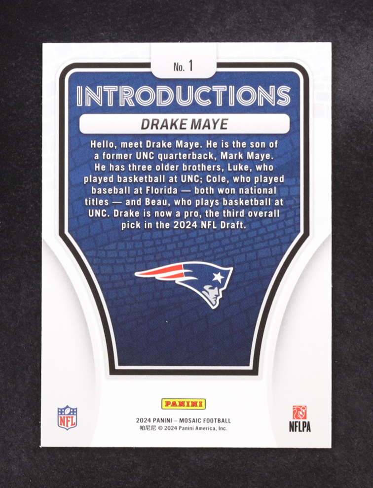 Drake Maye 2024 Panini Mosaic Introductions #1 RC at PristineAuction.com Drake Maye 2024 Panini Mosaic Introductions #1 RC at PristineAuction.com