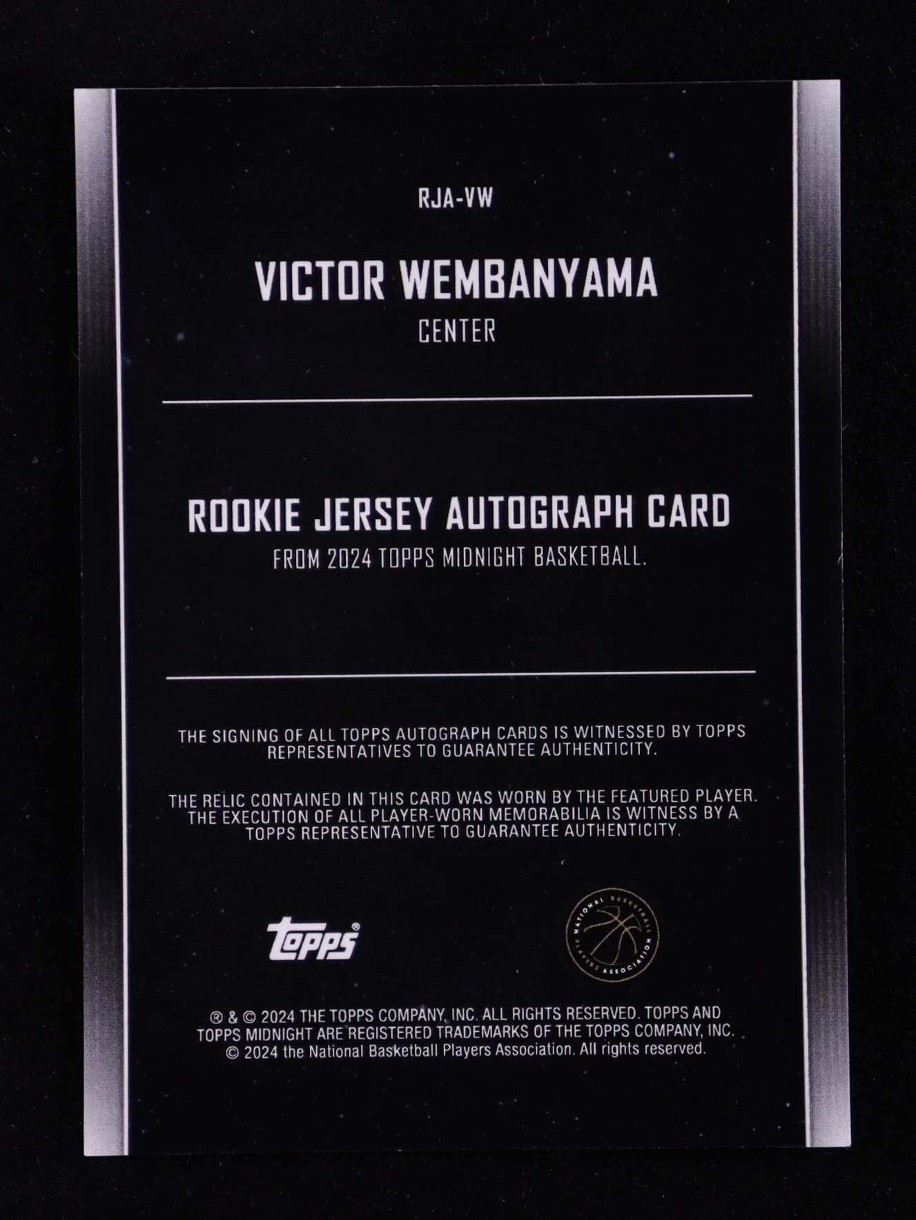 Victor Wembanyama 2023-24 Topps Midnight Rookie Jersey Autographs #RJAVW RC at PristineAuction.com Victor Wembanyama 2023-24 Topps Midnight Rookie Jersey Autographs #RJAVW RC at PristineAuction.com