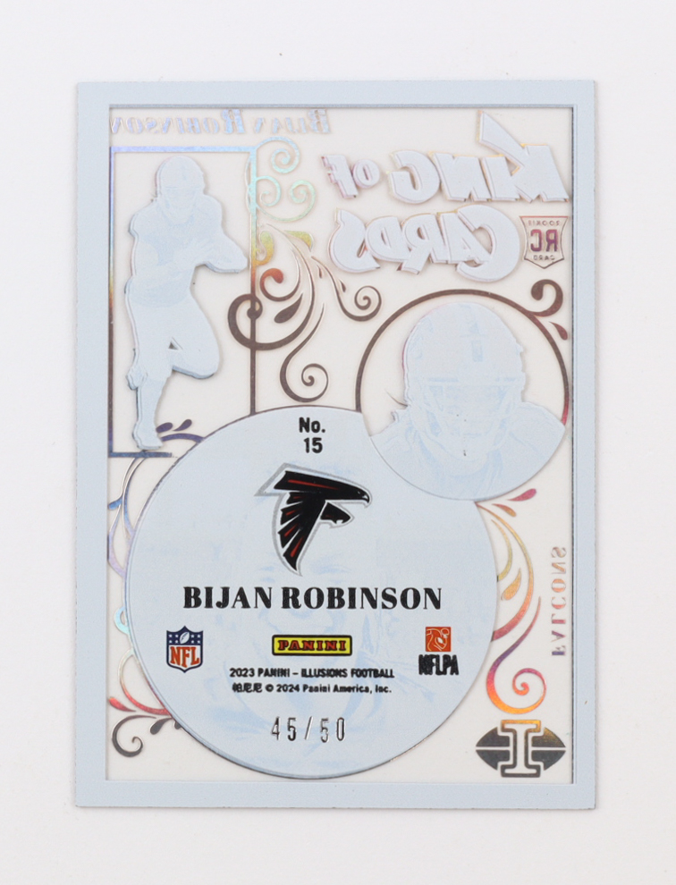 Bijan Robinson 2023 Panini Illusions King of Cards Black #15 #45/50 RC at PristineAuction.com Bijan Robinson 2023 Panini Illusions King of Cards Black #15 #45/50 RC at PristineAuction.com