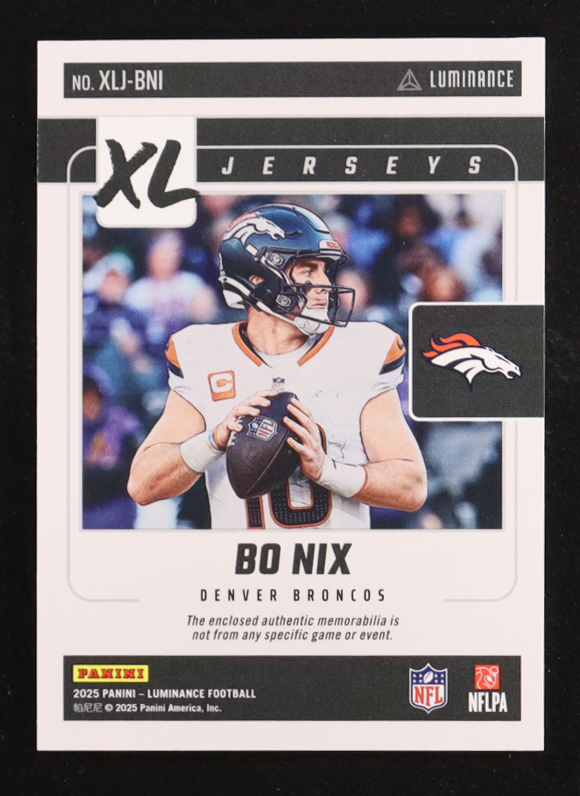 Bo Nix 2025 Panini Luminance XL Jerseys #XLJ-BNI at PristineAuction.com Bo Nix 2025 Panini Luminance XL Jerseys #XLJ-BNI at PristineAuction.com