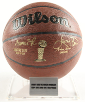 Magic Johnson & Larry Bird Signed NBA Finals Trophy Special Edition Basketball with Stand (PSA & Beckett) at PristineAuction.com