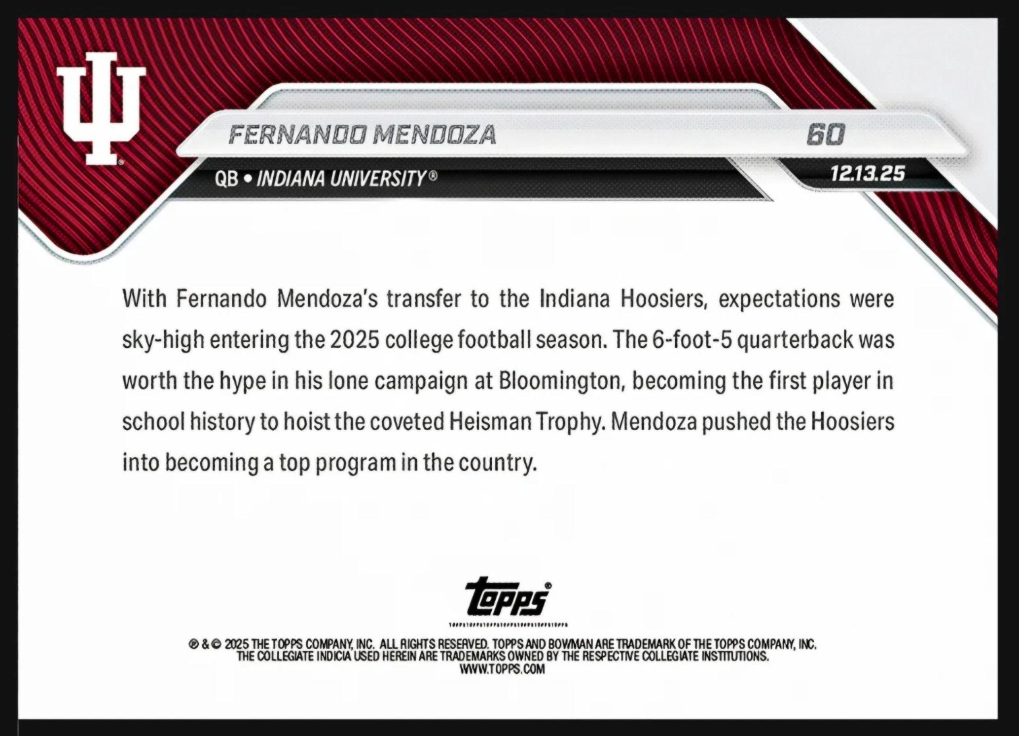 Fernando Mendoza 2025 Bowman University Now #60 RC at PristineAuction.com Fernando Mendoza 2025 Bowman University Now #60 RC at PristineAuction.com