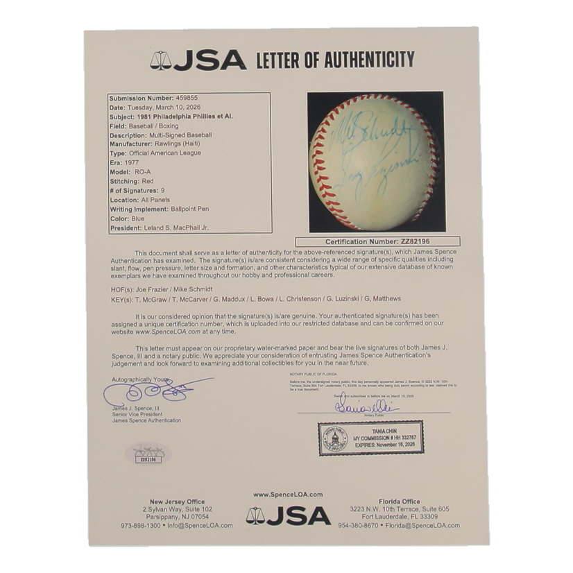 1981 Phillies et Al. OAL Baseball Signed by (9) with Joe Frazier, Mike Schmidt, Tug McGraw, Tim McCarver (JSA) at PristineAuction.com 1981 Phillies et Al. OAL Baseball Signed by (9) with Joe Frazier, Mike Schmidt, Tug McGraw, Tim McCarver (JSA) at PristineAuction.com