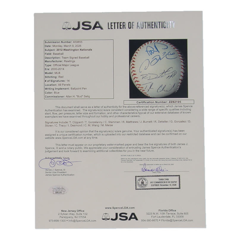 2012 Nationals OML Baseball Signed by (14) with Tyler Clippard, Tom Gorzelanny, Craig Stammen, Ryan Matthews (JSA) at PristineAuction.com 2012 Nationals OML Baseball Signed by (14) with Tyler Clippard, Tom Gorzelanny, Craig Stammen, Ryan Matthews (JSA) at PristineAuction.com