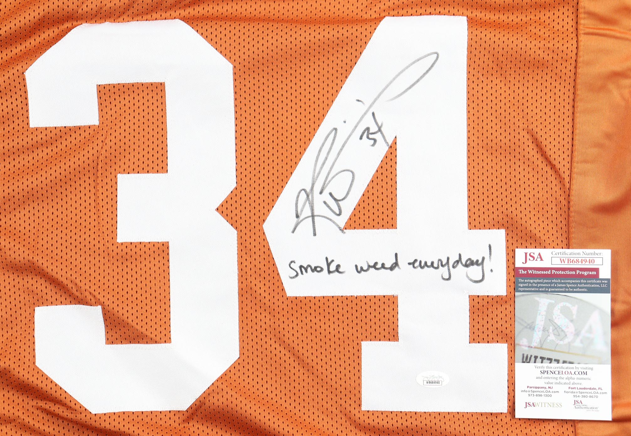 Ricky Williams Signed Jersey Inscribed "Smoke Weed Everyday!" (JSA) at PristineAuction.com Ricky Williams Signed Jersey Inscribed "Smoke Weed Everyday!" (JSA) at PristineAuction.com