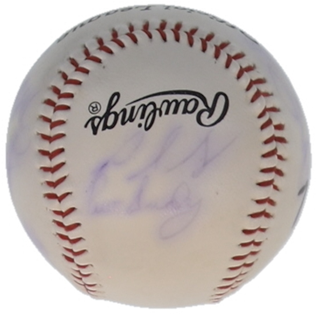 1997 Indians OL Baseball Signed by (11) with Omar Vizquel, John Smiley, Pat Borders, Kevin Seltzer (JSA) at PristineAuction.com 1997 Indians OL Baseball Signed by (11) with Omar Vizquel, John Smiley, Pat Borders, Kevin Seltzer (JSA) at PristineAuction.com