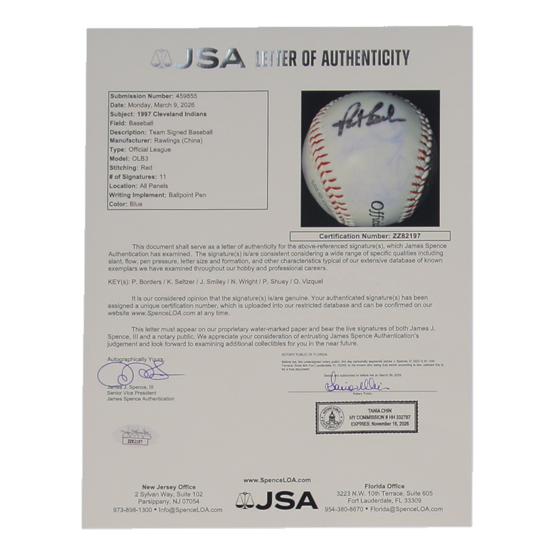1997 Indians OL Baseball Signed by (11) with Omar Vizquel, John Smiley, Pat Borders, Kevin Seltzer (JSA) at PristineAuction.com 1997 Indians OL Baseball Signed by (11) with Omar Vizquel, John Smiley, Pat Borders, Kevin Seltzer (JSA) at PristineAuction.com