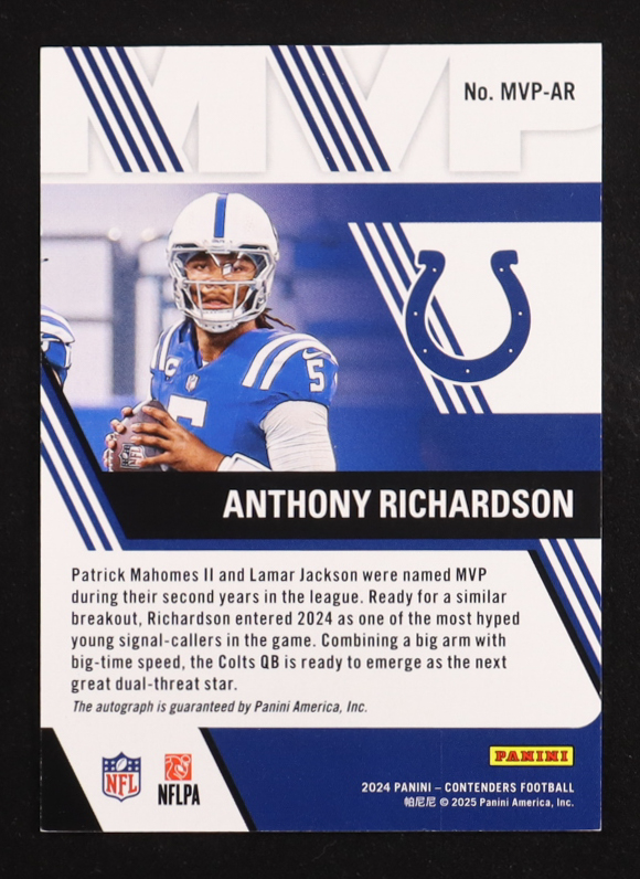 Anthony Richardson 2024 Panini Contenders MVP Autographs Bronze #MVP-AR #14/25 at PristineAuction.com Anthony Richardson 2024 Panini Contenders MVP Autographs Bronze #MVP-AR #14/25 at PristineAuction.com