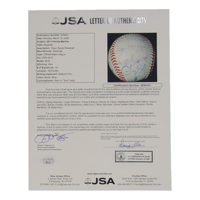 2011 Marlins OML Baseball Signed by (22) with Hanley Ramirez, Logan Morrison, Edward Mujica, Randy St. Claire (JSA) at PristineAuction.com 2011 Marlins OML Baseball Signed by (22) with Hanley Ramirez, Logan Morrison, Edward Mujica, Randy St. Claire (JSA) at PristineAuction.com