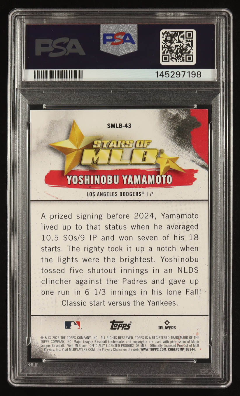 Yoshinobu Yamamoto 2025 Topps Stars Of MLB #SMLB43 (PSA 10) at PristineAuction.com Yoshinobu Yamamoto 2025 Topps Stars Of MLB #SMLB43 (PSA 10) at PristineAuction.com