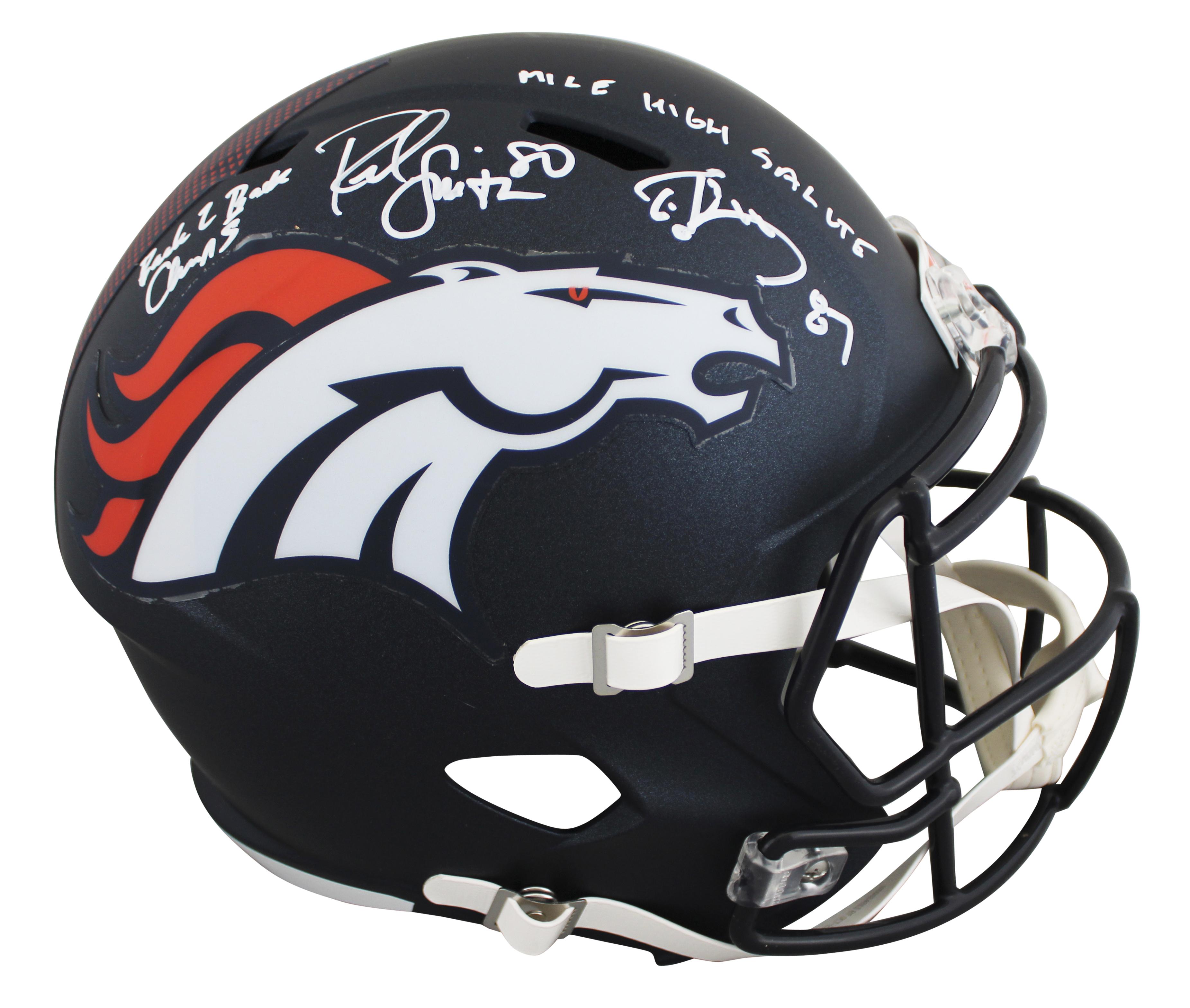 Rod Smith & Ed McCaffrey Signed Broncos Full-Size Speed Helmet Inscribed "Back 2 Back Champs" & "Mile High Salute" (Beckett) at PristineAuction.com Rod Smith & Ed McCaffrey Signed Broncos Full-Size Speed Helmet Inscribed "Back 2 Back Champs" & "Mile High Salute" (Beckett) at PristineAuction.com