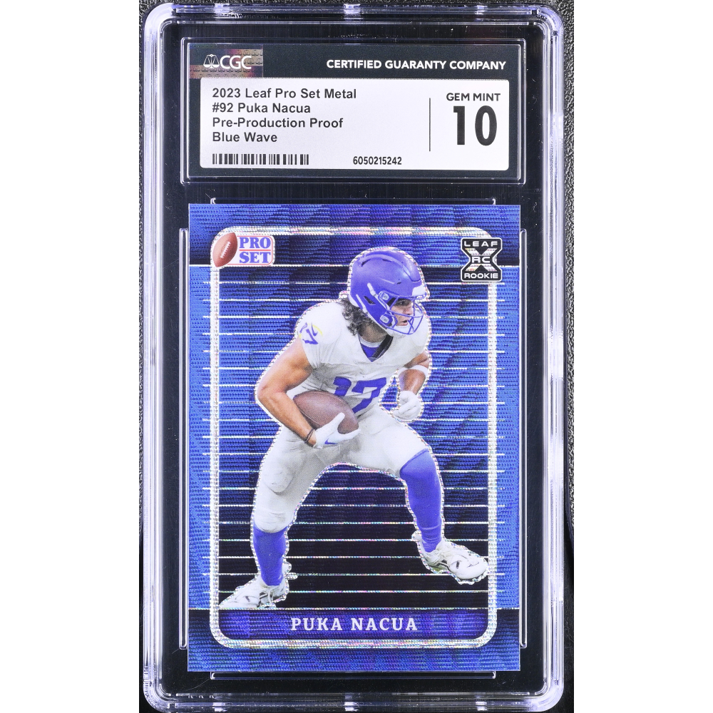 Puka Nacua 2023 Leaf Pro Set Metal Pre-Production Proof Blue Wave #92 #1/1 (CGC 10) at PristineAuction.com