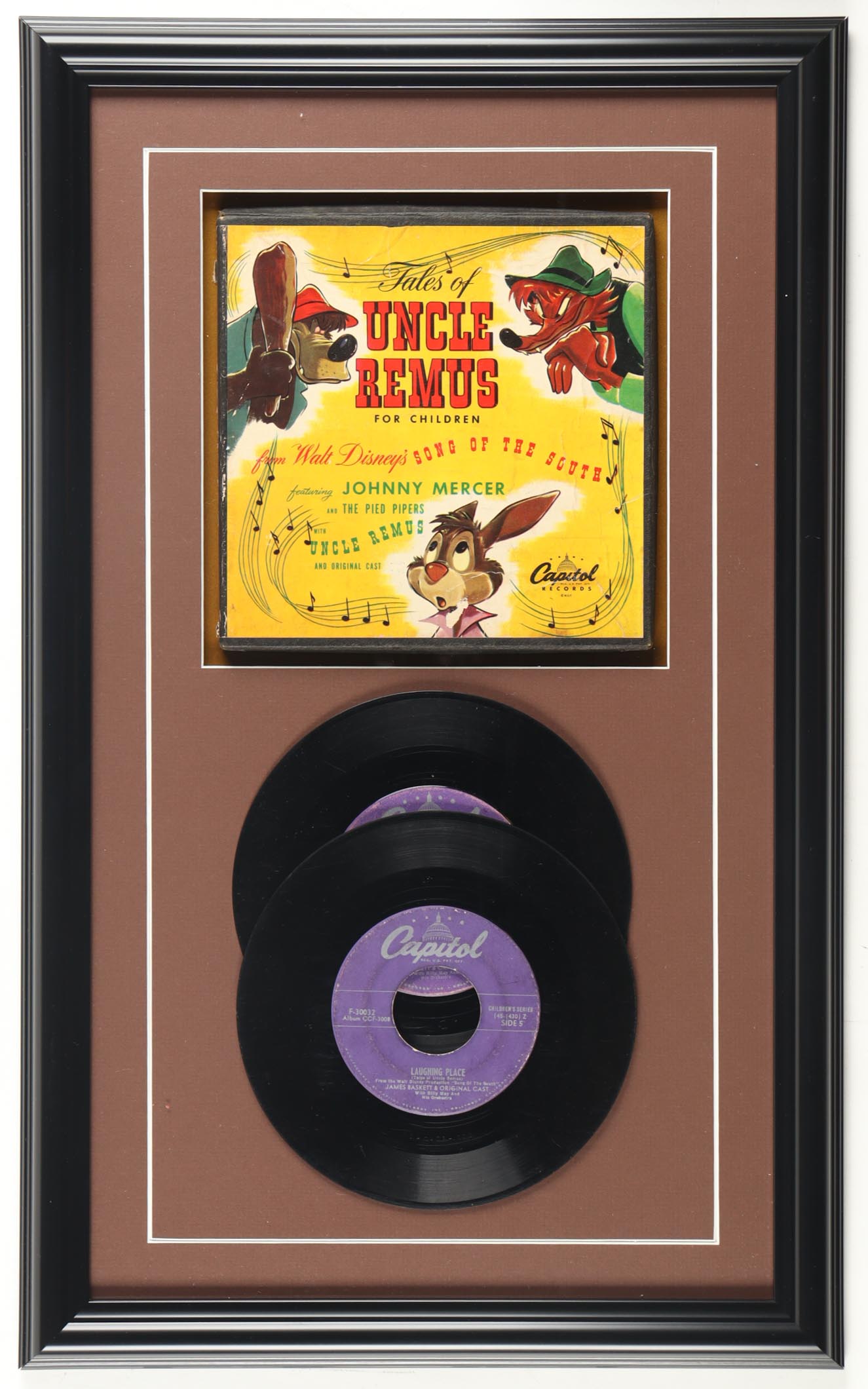 Vintage Walt Disney 1947 "Tales of Uncle Remus for Children" Custom Framed Vinyl Record Display With Original Box at PristineAuction.com Vintage Walt Disney 1947 "Tales of Uncle Remus for Children" Custom Framed Vinyl Record Display With Original Box at PristineAuction.com