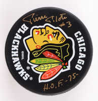 Pierre Pilote Signed Blackhawks Logo Puck Inscribed "HOF 75" (Beckett) at PristineAuction.com
