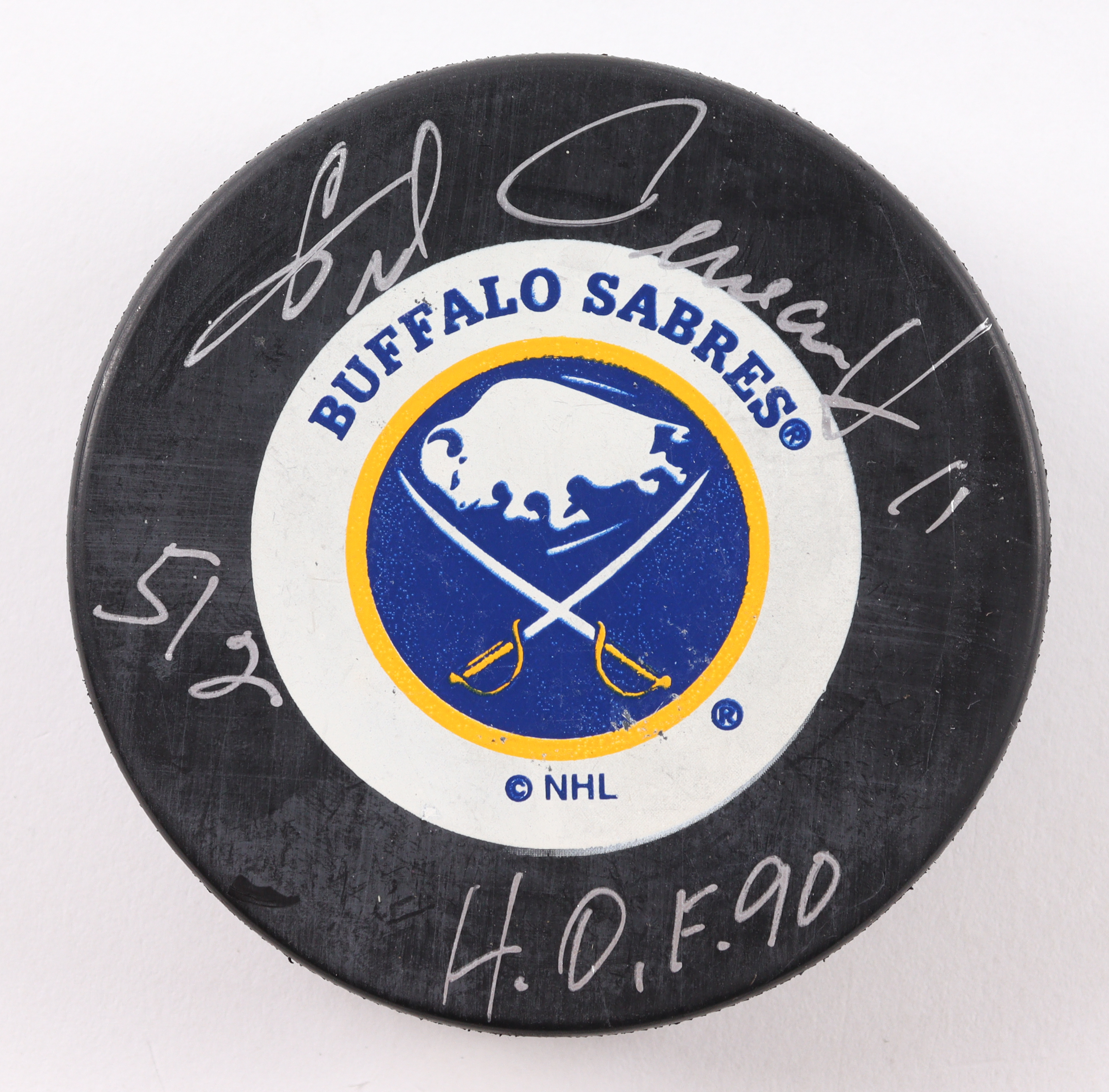 Gilbert Perreault Signed Sabres Logo Hockey Puck Inscribed "HOF 90" (Beckett) at PristineAuction.com Gilbert Perreault Signed Sabres Logo Hockey Puck Inscribed "HOF 90" (Beckett) at PristineAuction.com