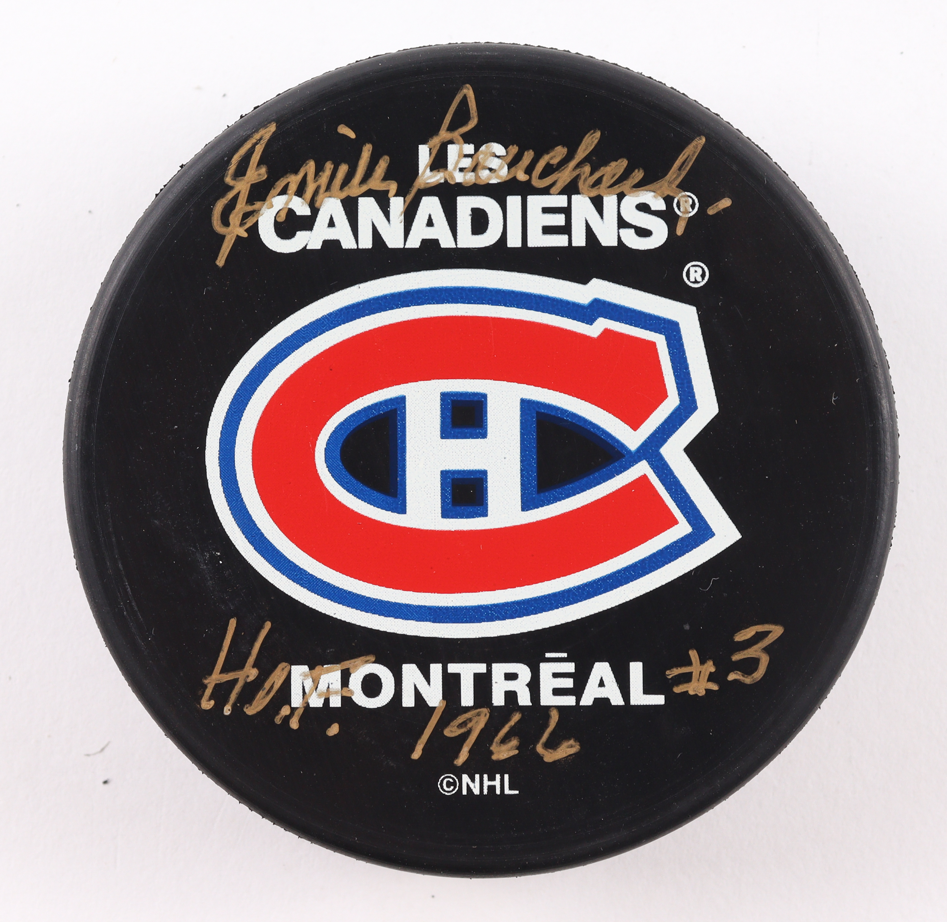 Butch Bouchard Signed Canadiens Logo Hockey Puck Inscribed "HOF 1966" (Beckett) at PristineAuction.com Butch Bouchard Signed Canadiens Logo Hockey Puck Inscribed "HOF 1966" (Beckett) at PristineAuction.com
