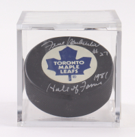 Frank Mahovlich Signed Maple Leafs Logo Hockey Puck with Display Case Inscribed "Hall of Fame 1981" (Beckett) at PristineAuction.com