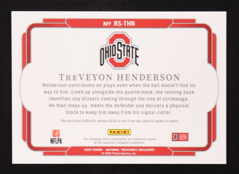Treveyon Henderson 2025 Panini National Treasures Collegiate Jumbo Patch #RS-THN RC #10/75 at PristineAuction.com Treveyon Henderson 2025 Panini National Treasures Collegiate Jumbo Patch #RS-THN RC #10/75 at PristineAuction.com