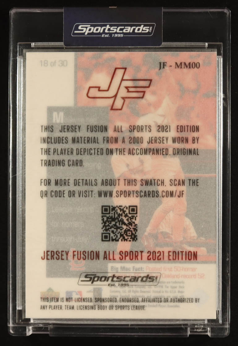 Mark McGwire 2021 Jersey Fusion '00 Game-Used Swatch #JF-MM00 at PristineAuction.com Mark McGwire 2021 Jersey Fusion '00 Game-Used Swatch #JF-MM00 at PristineAuction.com