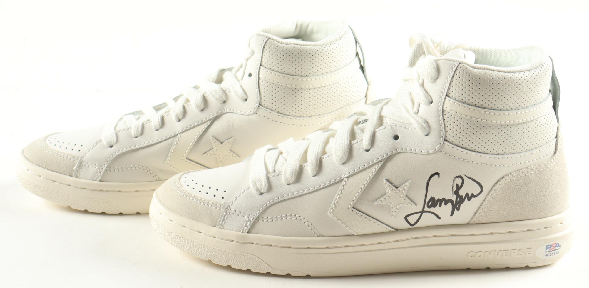 Magic Johnson & Larry Bird Signed Pair of (2) Converse All Star White Leather Basketball Shoes (Beckett & PSA) at PristineAuction.com Magic Johnson & Larry Bird Signed Pair of (2) Converse All Star White Leather Basketball Shoes (Beckett & PSA) at PristineAuction.com