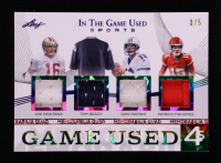 Joe Montana / Tom Brady / Dan Marino / Patrick Mahomes 2025 Leaf In The Game Used Game-Used Quad Memorabilia Rainbow Holo #GQ15 #1/5 at PristineAuction.com