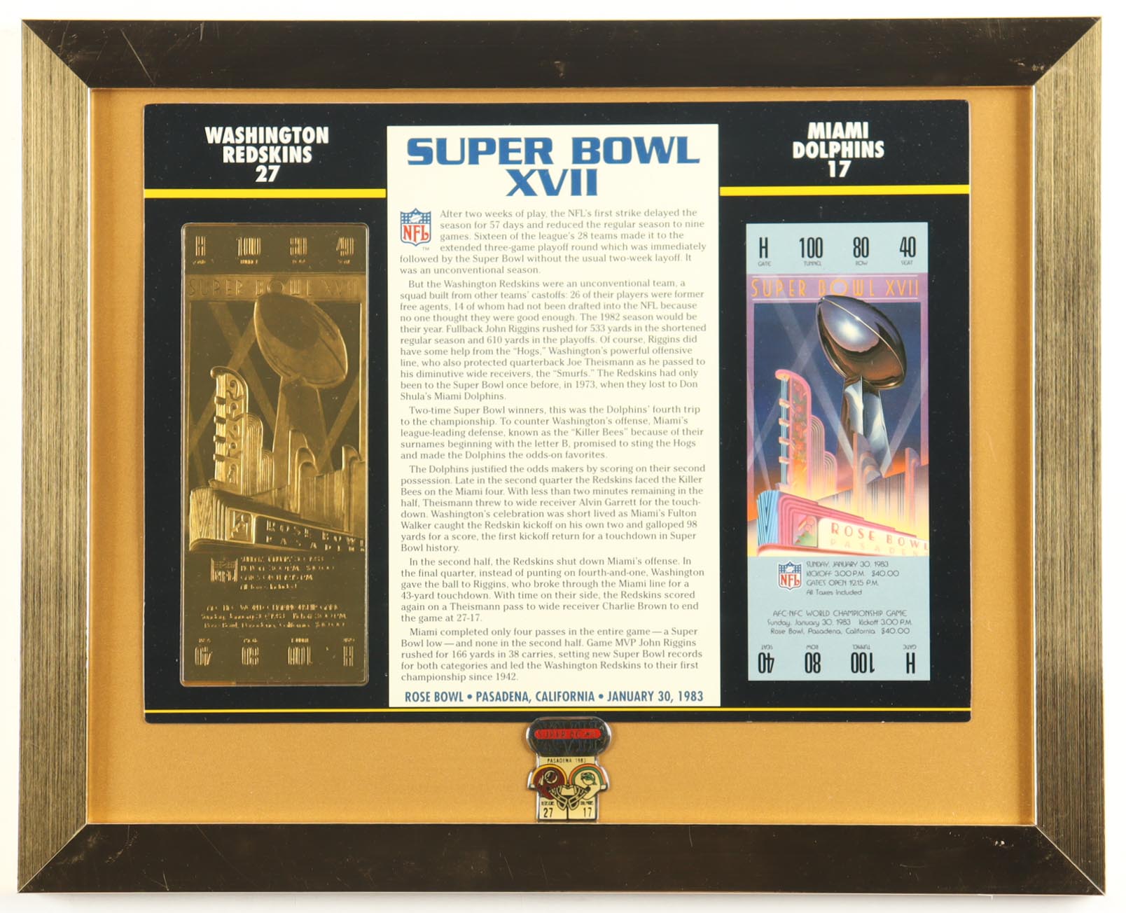 Super Bowl XVII Commemorative Score Card with 23KT Gold Ticket Framed Display With Super Bowl XXIV Pin at PristineAuction.com Super Bowl XVII Commemorative Score Card with 23KT Gold Ticket Framed Display With Super Bowl XXIV Pin at PristineAuction.com