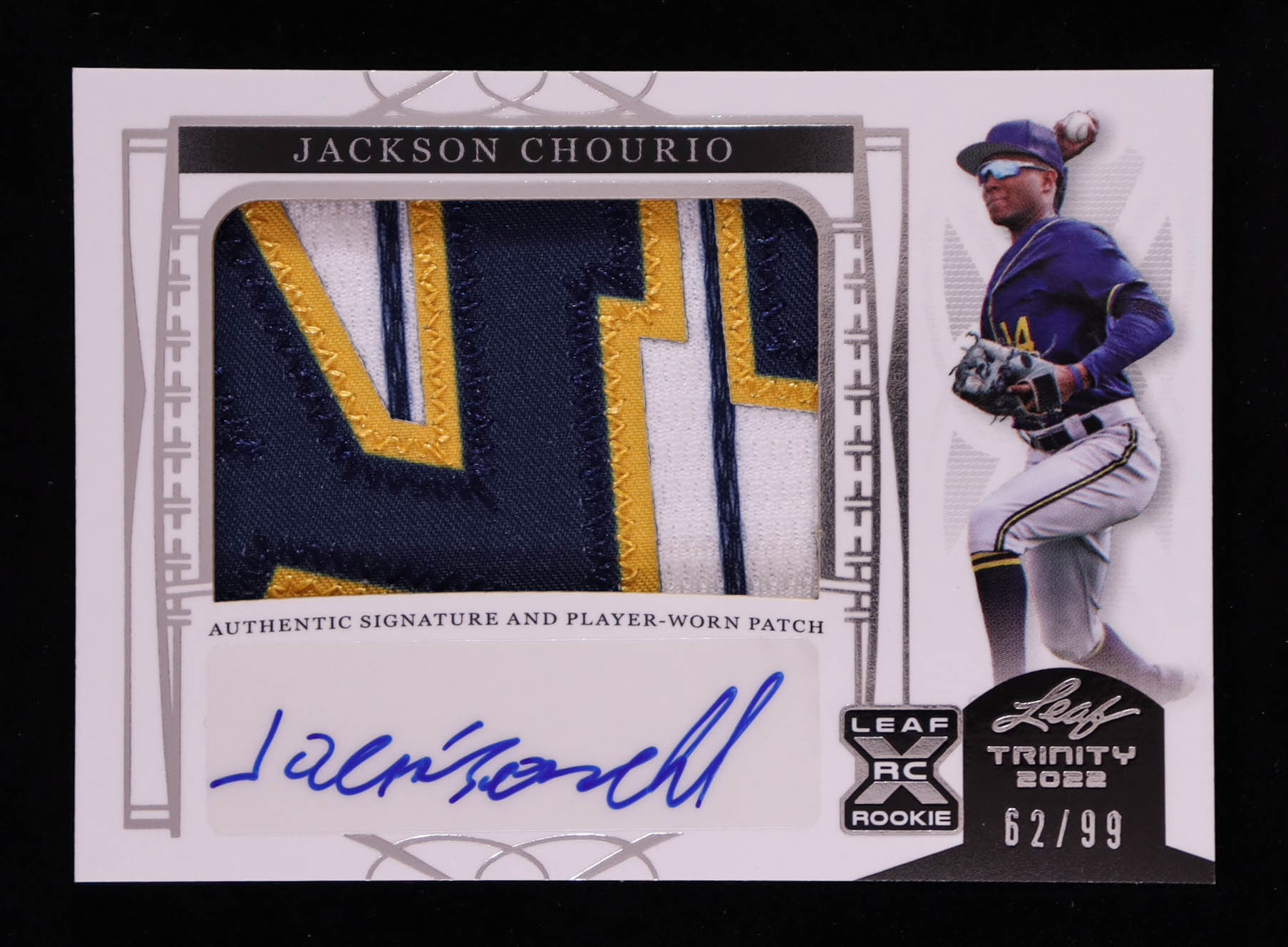Jackson Chourio 2022 Leaf Trinity Patch Autographs Silver #PAJC1 #62/99 RC at PristineAuction.com Jackson Chourio 2022 Leaf Trinity Patch Autographs Silver #PAJC1 #62/99 RC at PristineAuction.com