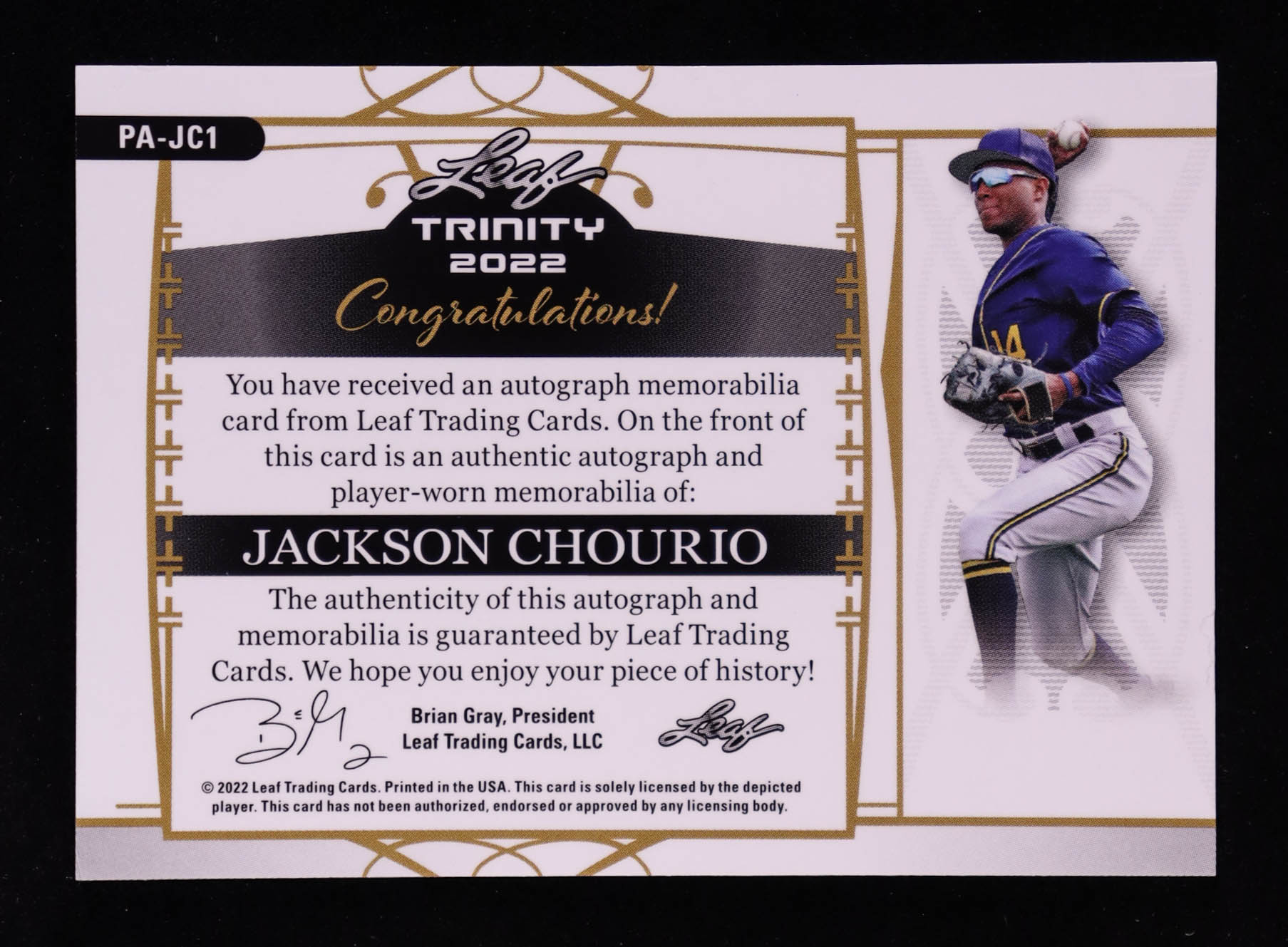 Jackson Chourio 2022 Leaf Trinity Patch Autographs Silver #PAJC1 #62/99 RC at PristineAuction.com Jackson Chourio 2022 Leaf Trinity Patch Autographs Silver #PAJC1 #62/99 RC at PristineAuction.com