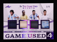 Diego Maradona / Pel&eacute; / Lionel Messi / Cristiano Ronaldo 2025 Leaf In The Game Used Game-Used Quad Memorabilia Purple Holo #GQ12 #1/6 at PristineAuction.com
