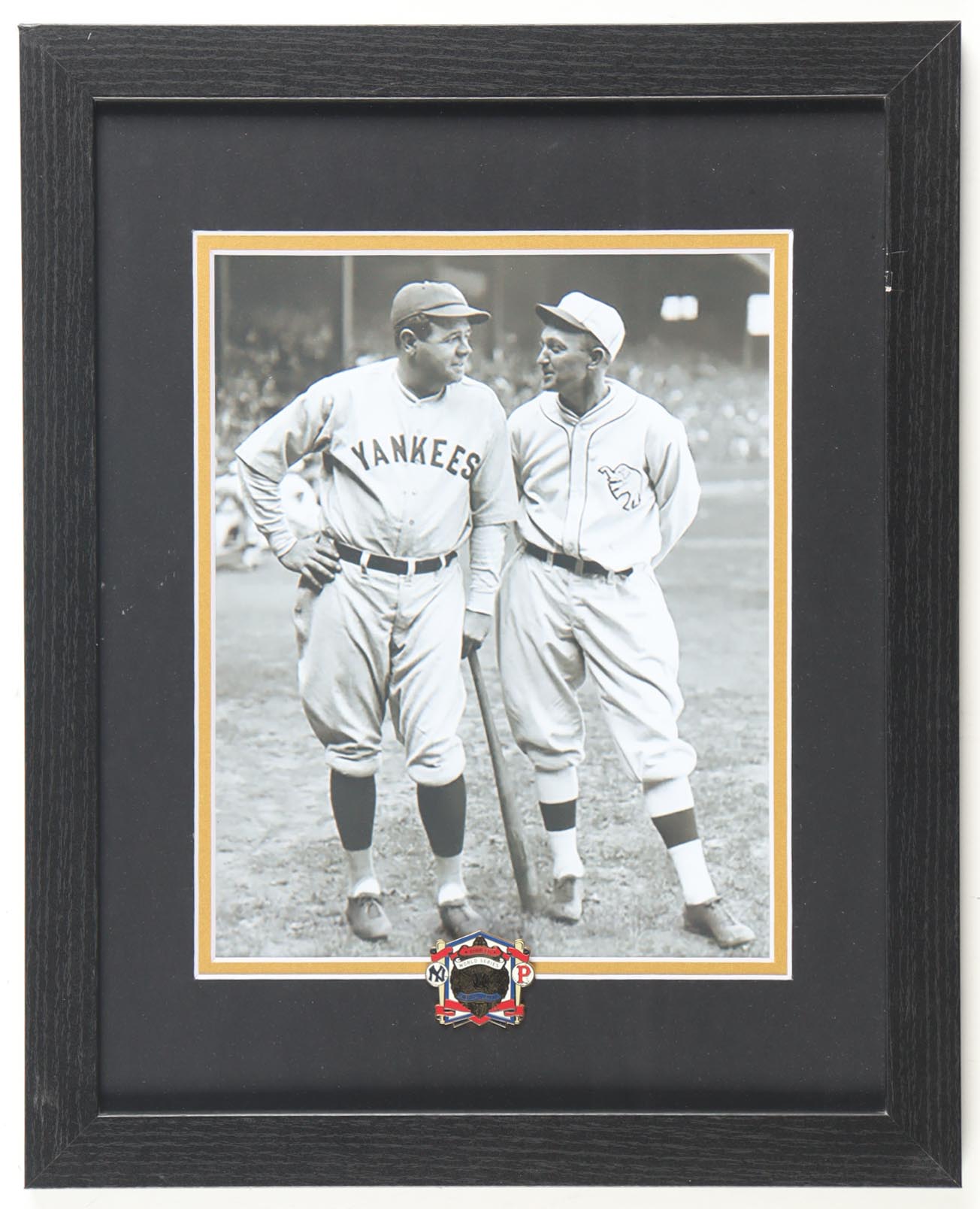 Babe Ruth & Ty Cobb 1927 World Series Custom Framed Photo Display with 1927 World Series Pin at PristineAuction.com Babe Ruth & Ty Cobb 1927 World Series Custom Framed Photo Display with 1927 World Series Pin at PristineAuction.com