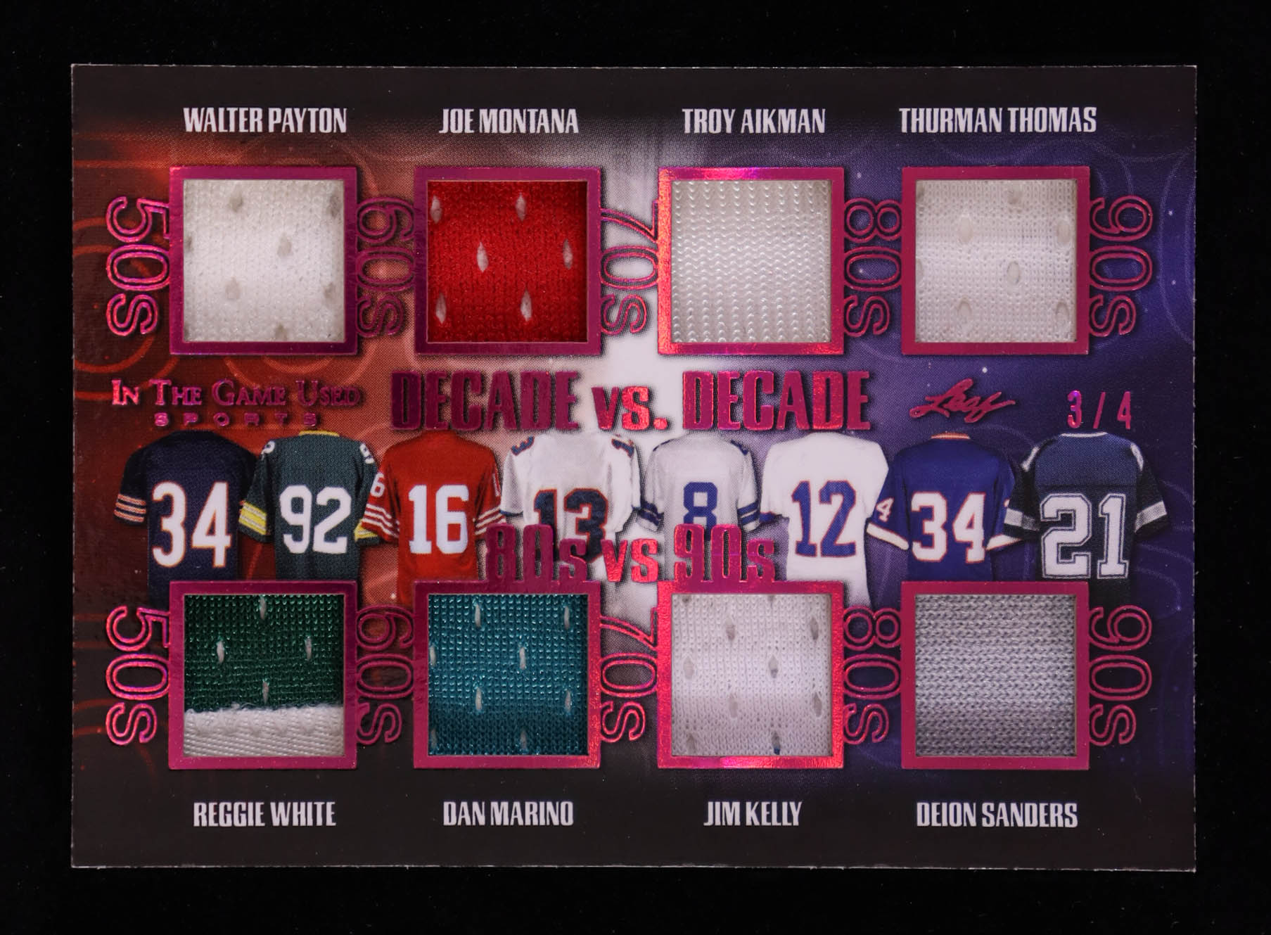 Walter Payton/Reggie White/Joe Montana/Dan Marino/Troy Aikman/Jim Kelly/Thurman Thomas/Deion Sanders 2020 Leaf ITG Used Decade vs Decade Relics Magenta #DD09 #3/4 at PristineAuction.com Walter Payton/Reggie White/Joe Montana/Dan Marino/Troy Aikman/Jim Kelly/Thurman Thomas/Deion Sanders 2020 Leaf ITG Used Decade vs Decade Relics Magenta #DD09 #3/4 at PristineAuction.com