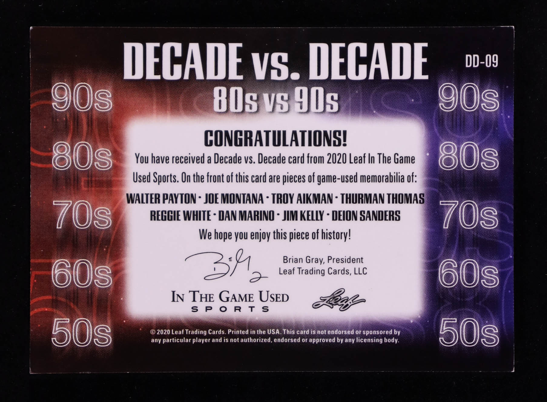 Walter Payton/Reggie White/Joe Montana/Dan Marino/Troy Aikman/Jim Kelly/Thurman Thomas/Deion Sanders 2020 Leaf ITG Used Decade vs Decade Relics Magenta #DD09 #3/4 at PristineAuction.com Walter Payton/Reggie White/Joe Montana/Dan Marino/Troy Aikman/Jim Kelly/Thurman Thomas/Deion Sanders 2020 Leaf ITG Used Decade vs Decade Relics Magenta #DD09 #3/4 at PristineAuction.com