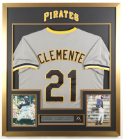 Roberto Clemente Custom Framed Jersey Display With Career Stat Plaque & 1960 Pirates World Series Pin at PristineAuction.com