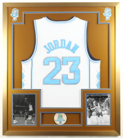 Michael Jordan Custom Framed Jersey Display with 1982 Tar Heels Pin & (2) Cloth Team Logo Patches at PristineAuction.com