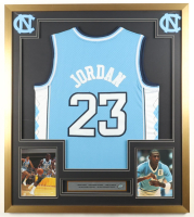 Michael Jordan Custom Framed Jersey Display with Tar Heels Pewter Pin & (2) Cloth Team Logo Patches at PristineAuction.com