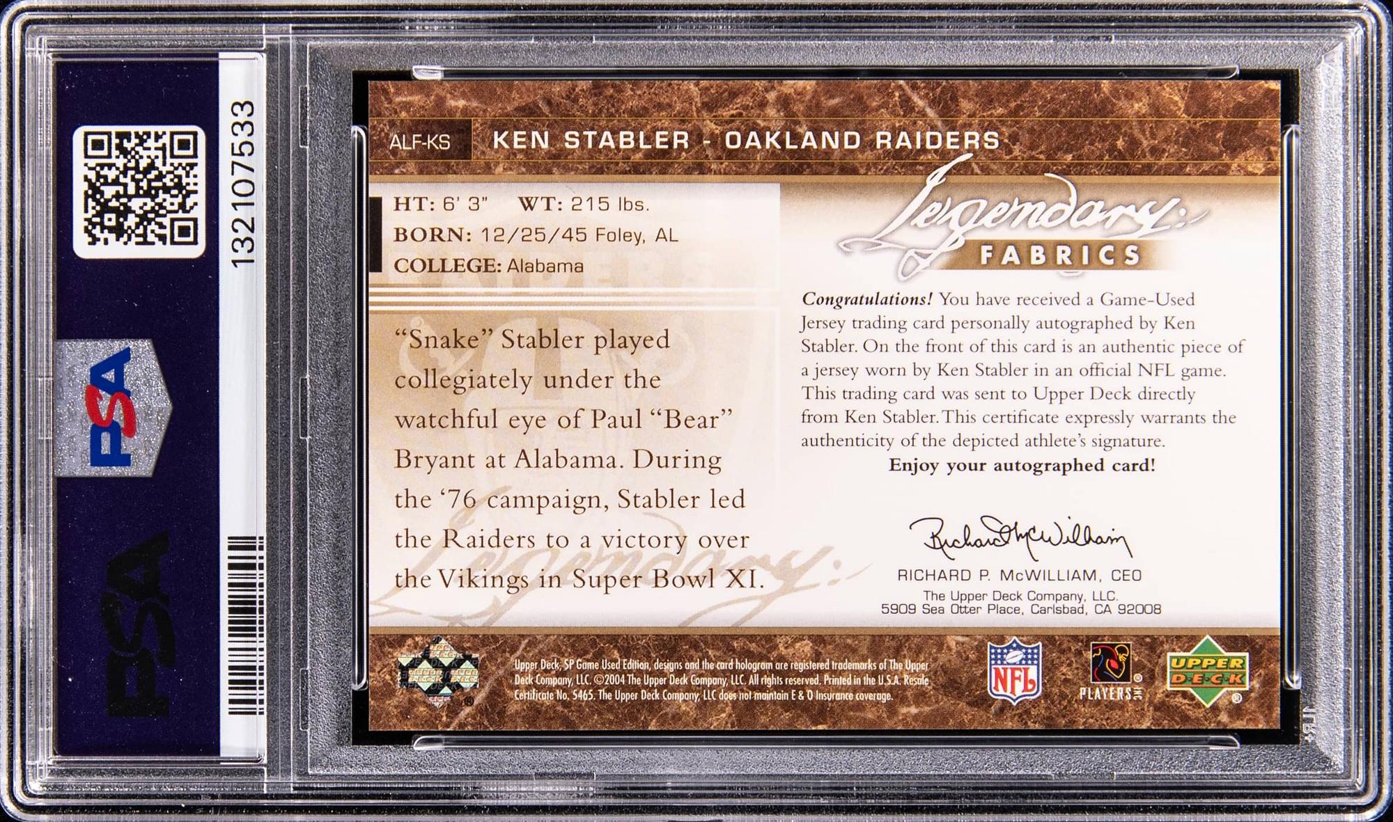 Ken Stabler Signed 2004 Upper Deck SP Game Used Legendary Fabrics Autograph #ALF-KS #24/50 (PSA 10) at PristineAuction.com Ken Stabler Signed 2004 Upper Deck SP Game Used Legendary Fabrics Autograph #ALF-KS #24/50 (PSA 10) at PristineAuction.com