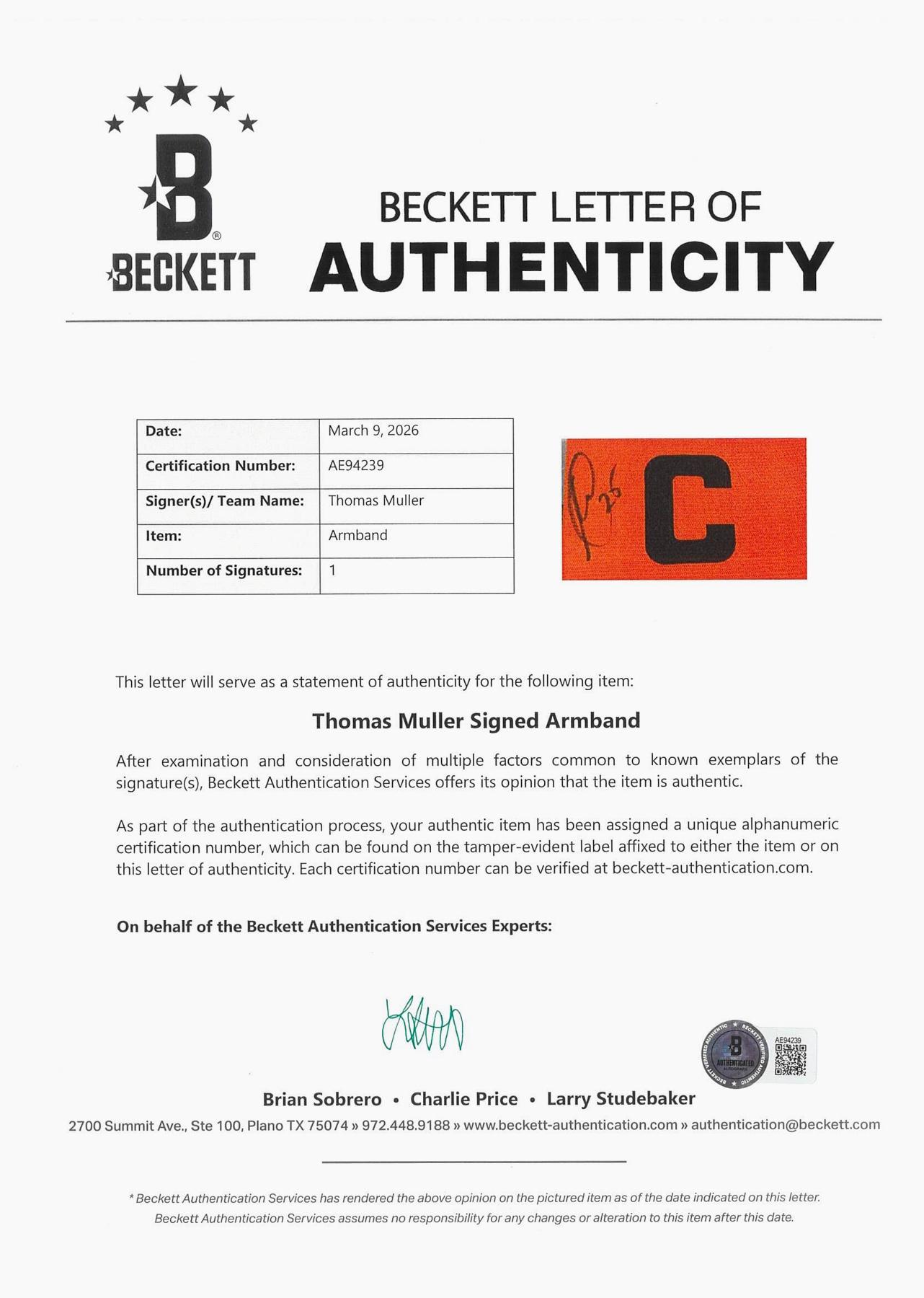 Thomas Muller Signed Orange Armband (Beckett) at PristineAuction.com Thomas Muller Signed Orange Armband (Beckett) at PristineAuction.com