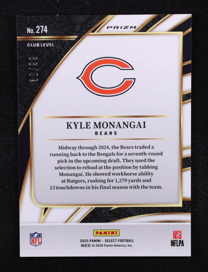 Kyle Monangai 2025 Panini Select Club Level Blue Prizm #274 RC #38/99 at PristineAuction.com Kyle Monangai 2025 Panini Select Club Level Blue Prizm #274 RC #38/99 at PristineAuction.com