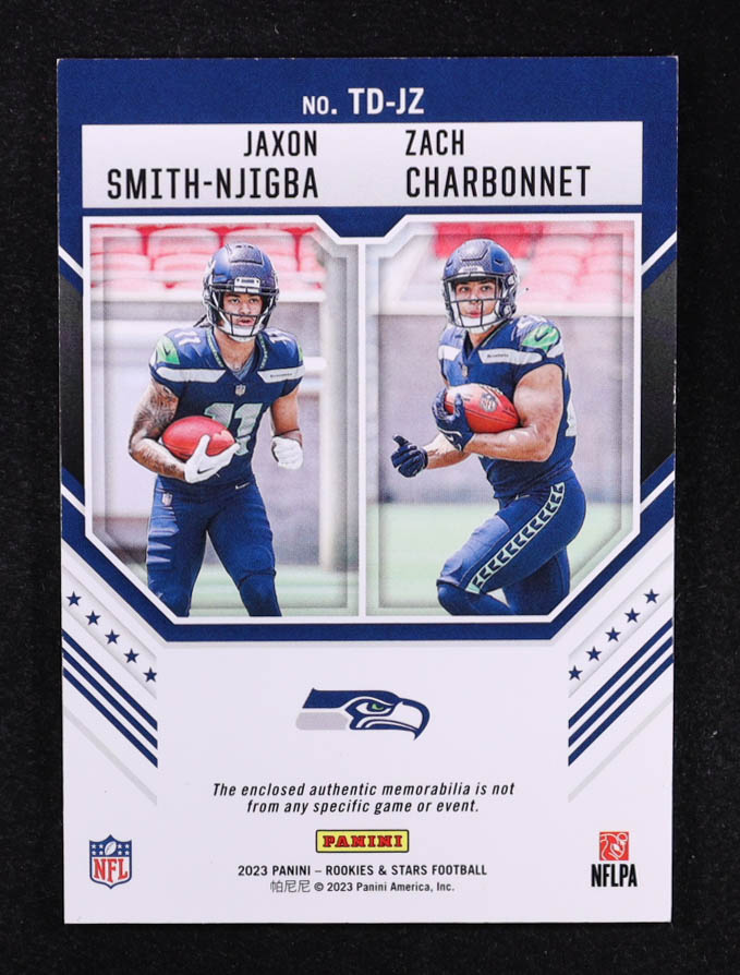 Jaxon Smith-Njigba / Zach Charbonnet 2023 Rookies and Stars Team Dual Jerseys #19 #261/399 RC at PristineAuction.com Jaxon Smith-Njigba / Zach Charbonnet 2023 Rookies and Stars Team Dual Jerseys #19 #261/399 RC at PristineAuction.com