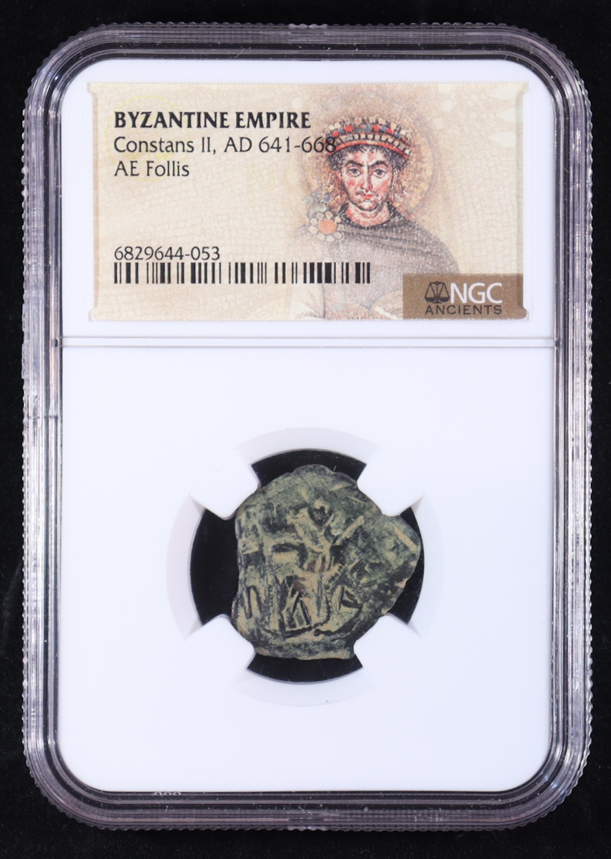 Byzantine Empire Constans II, AD 641-668 AE Follis (NGC) at PristineAuction.com Byzantine Empire Constans II, AD 641-668 AE Follis (NGC) at PristineAuction.com