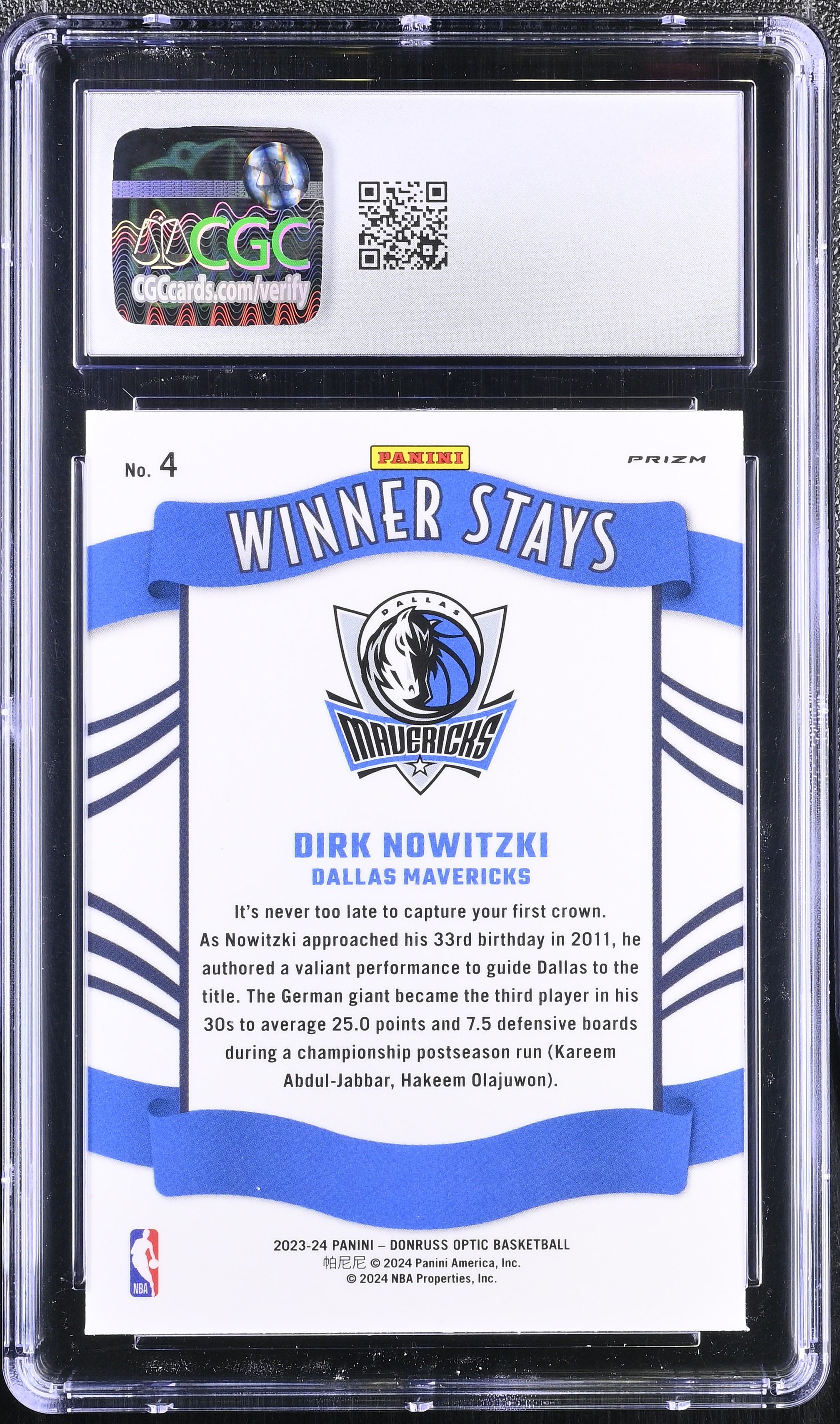 Dirk Nowitzki 2023-24 Donruss Optic Winner Stays Purple Prizm #4 (CGC 10) at PristineAuction.com Dirk Nowitzki 2023-24 Donruss Optic Winner Stays Purple Prizm #4 (CGC 10) at PristineAuction.com