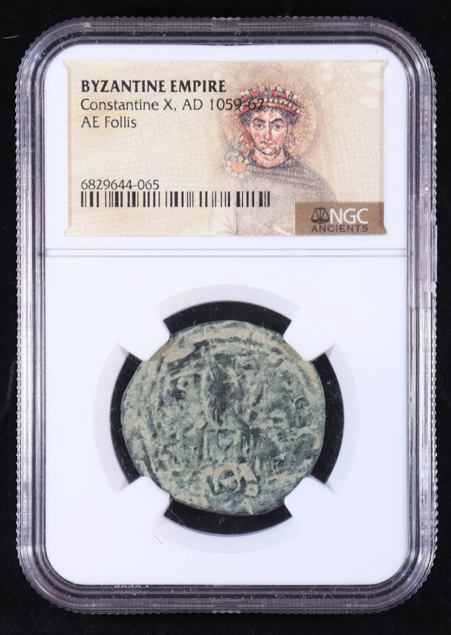 Byzantine Empire Constantine X, AD 1059-67 AE Follis (NGC) at PristineAuction.com Byzantine Empire Constantine X, AD 1059-67 AE Follis (NGC) at PristineAuction.com