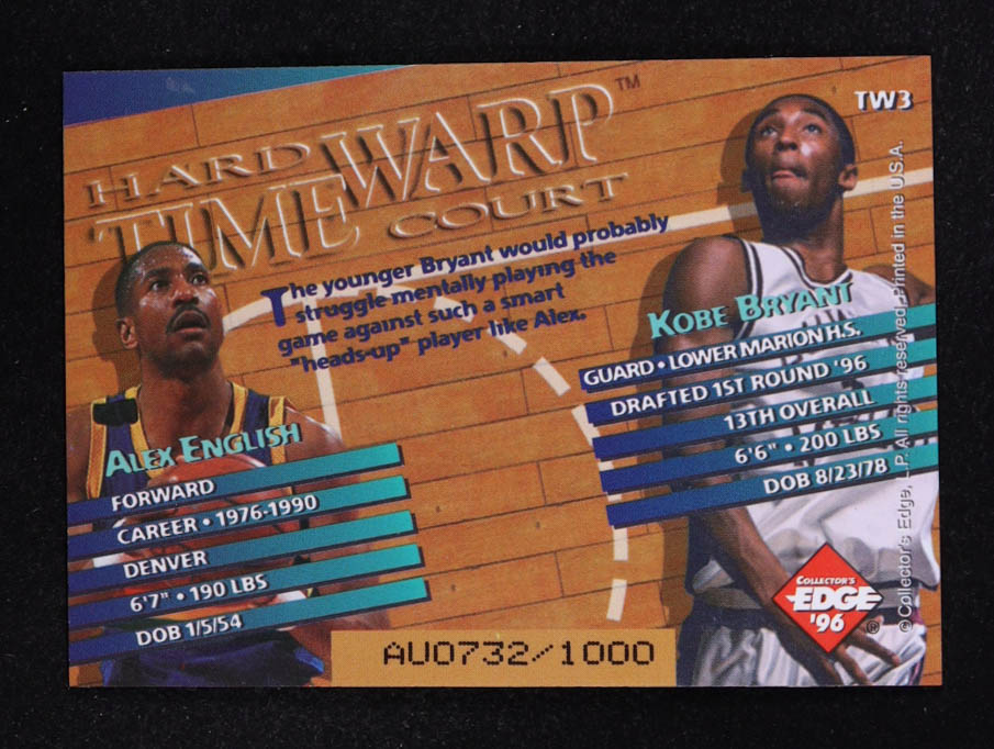Kobe Bryant / Alex English 1996 Jersey City Hard Court Time Warp #TW3 #0732/1000 at PristineAuction.com Kobe Bryant / Alex English 1996 Jersey City Hard Court Time Warp #TW3 #0732/1000 at PristineAuction.com