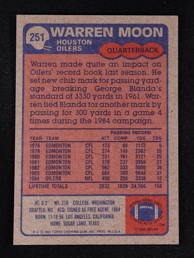 Warren Moon 1985 Topps #251 RC at PristineAuction.com Warren Moon 1985 Topps #251 RC at PristineAuction.com