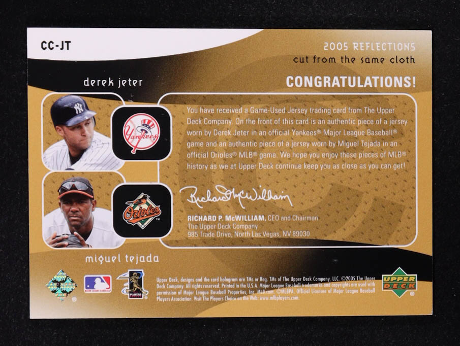 Derek Jeter / Miguel Tejada 2005 Reflections Cut From the Same Cloth Dual Jersey #JT #016/225 at PristineAuction.com Derek Jeter / Miguel Tejada 2005 Reflections Cut From the Same Cloth Dual Jersey #JT #016/225 at PristineAuction.com