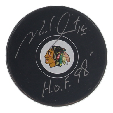 Michel Goulet Signed Blackhawks Logo Hockey Puck Inscribed "HOF '98" (Schwartz) at PristineAuction.com Michel Goulet Signed Blackhawks Logo Hockey Puck Inscribed "HOF '98" (Schwartz) at PristineAuction.com