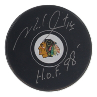 Michel Goulet Signed Blackhawks Logo Hockey Puck Inscribed "HOF '98" (Schwartz) at PristineAuction.com